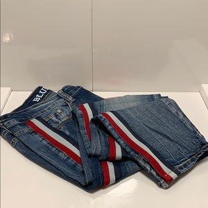 Distressed Jeans with Red and Blue Side Stripes